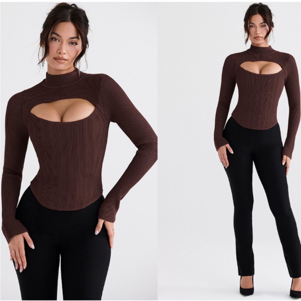 House Of Cb Brown Ribbed Cutout Top